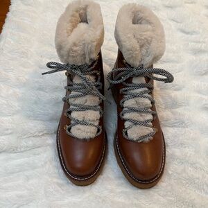 J. Crew Brown Leather Lace-Up Boots with Cream Fur Trim
